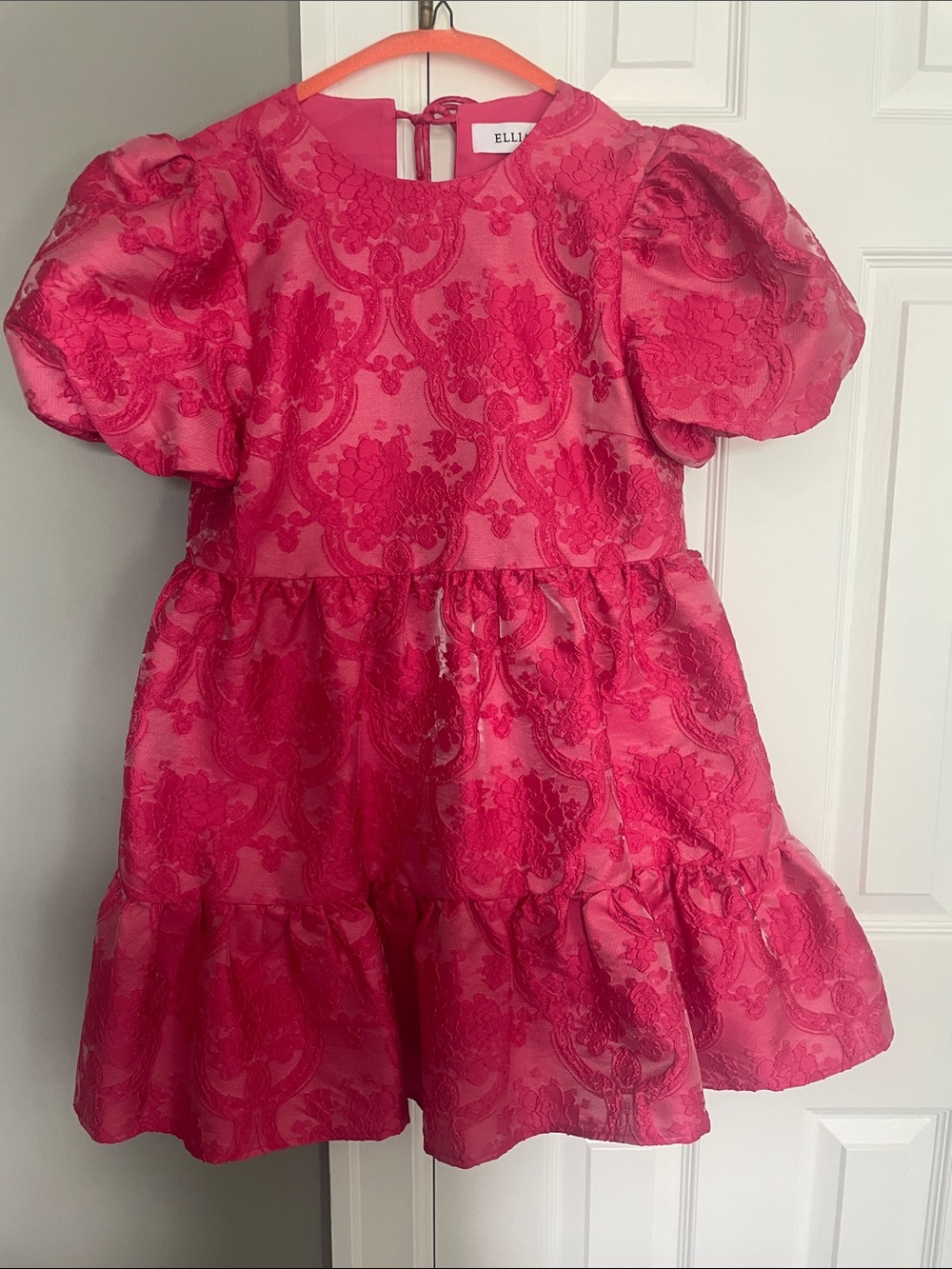 Elliat Wylla Hot Pink Floral Jacquard Puff Sleeve Dress